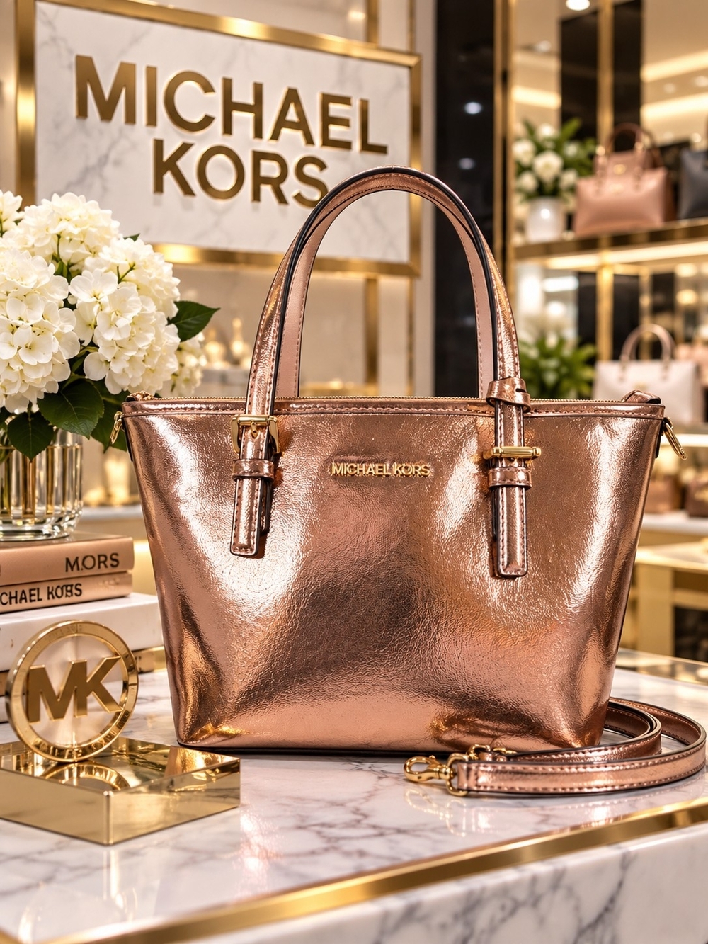 Michael Kors Jet Set Travel XS Metallic Top-Zip Tote – Primrose – NWT